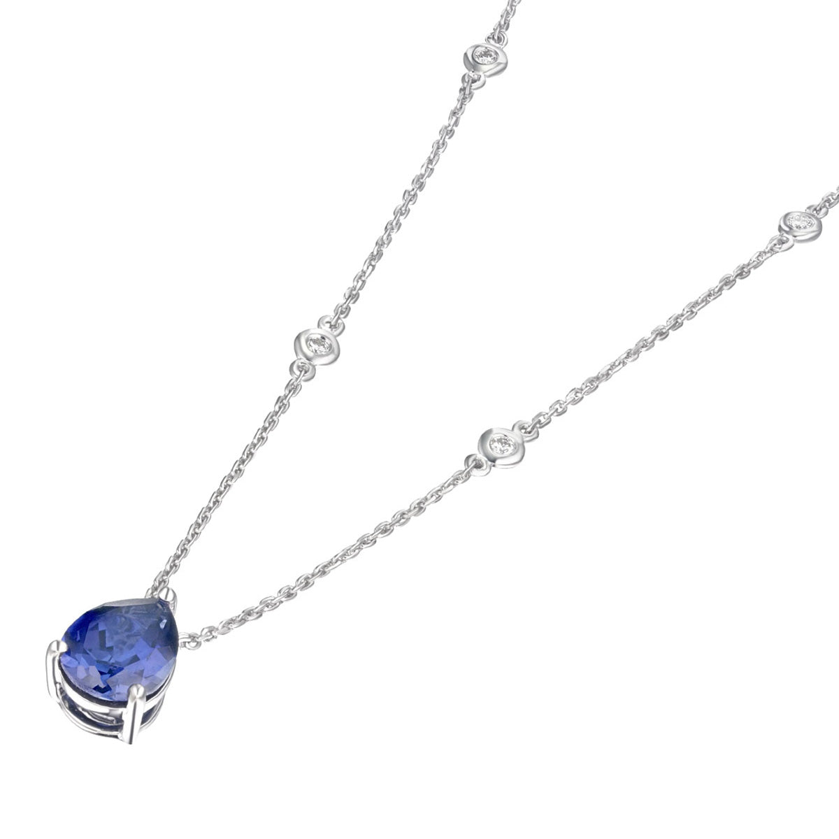 Astra 3.20ct Lab Sapphire and Diamond Solitaire Pear Cut Necklace in Silver